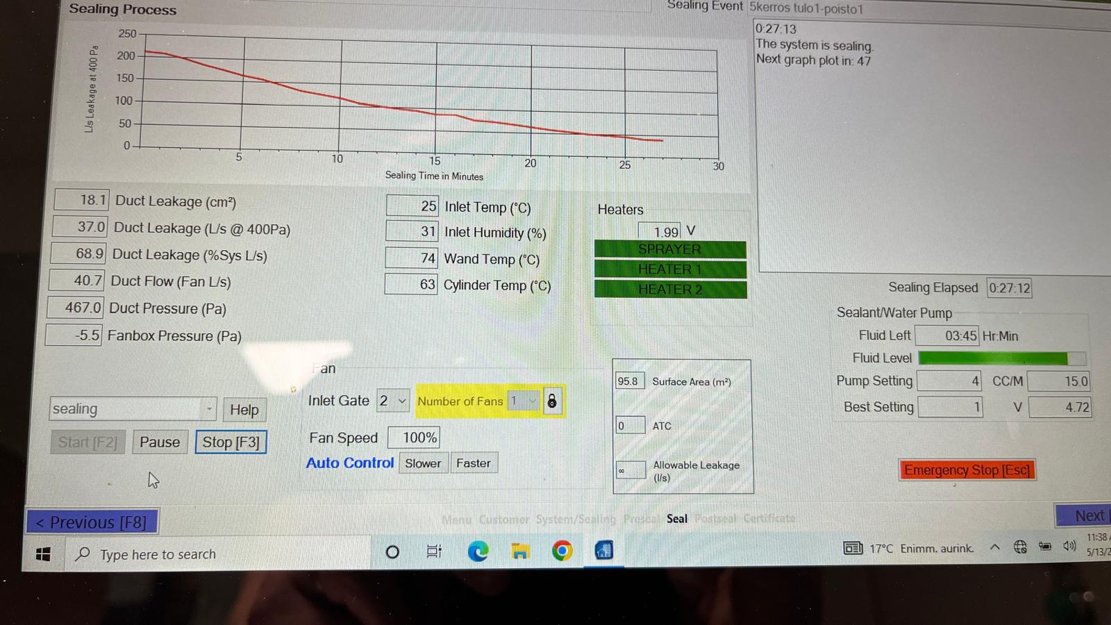 SmartSeal programvare viser tettingsprosess med grafer og målinger i sanntid
